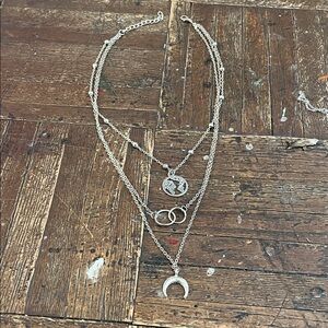 Silvertone  Layered Necklace with Crescent Pendant three tiered